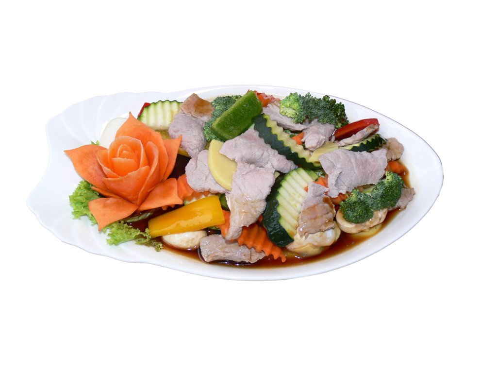 Gebratenes Schweinefleisch mit Reis und Gemüse